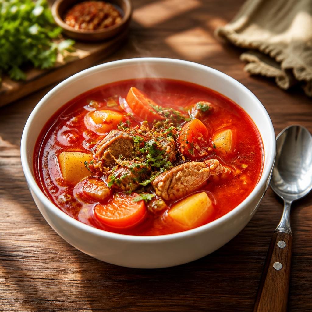 Sup Merah Te Sate dengan kuah hangat dan rasa gurih khas
